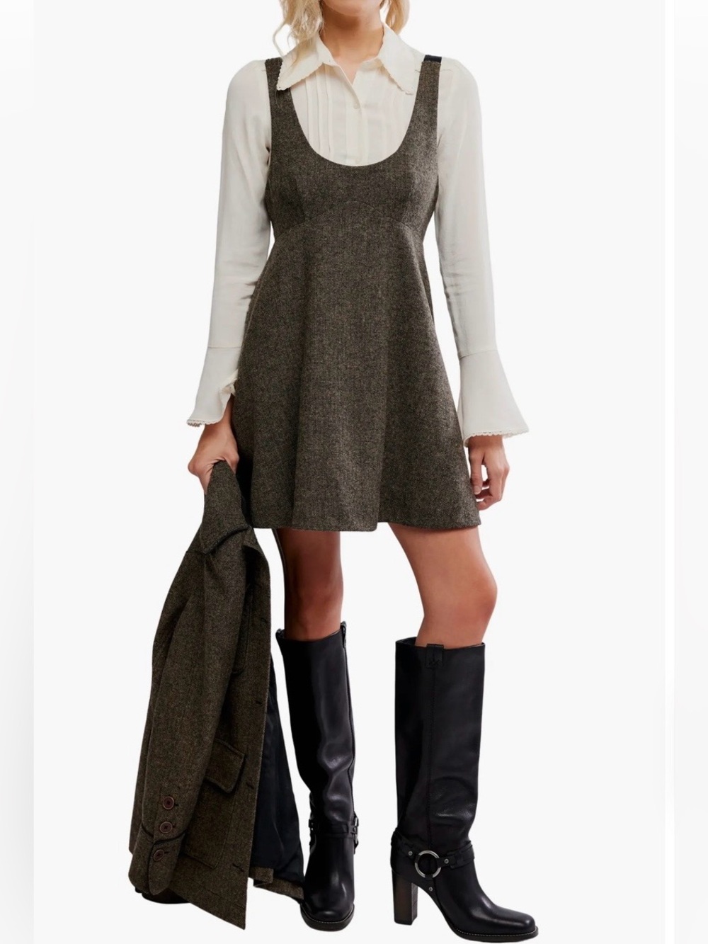 Free People Cyd Empire Waist Minidress backless fall preppy academia brown med